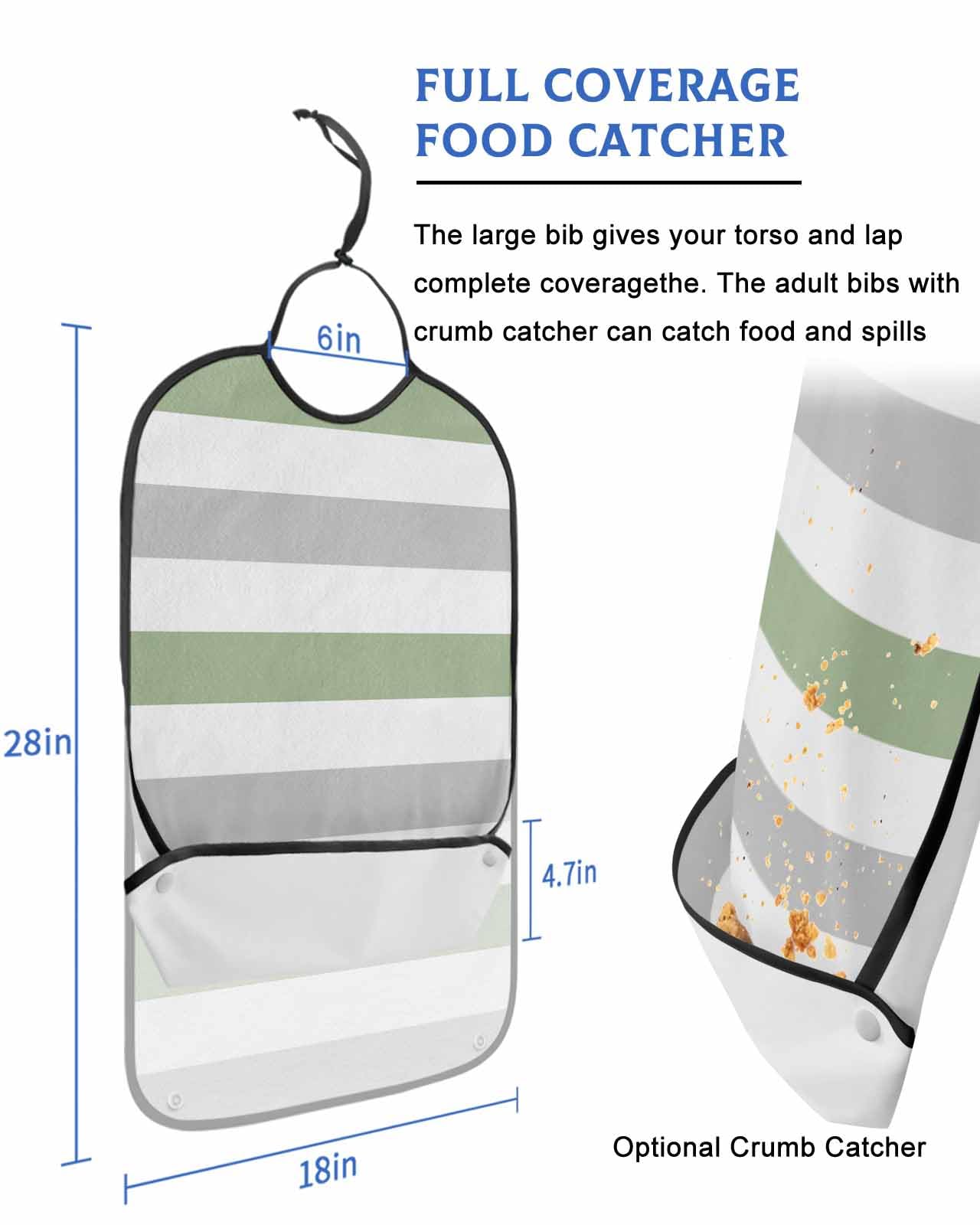 LEOKOTI Sage Green Grey Striped Adult Bibs for Eating, Waterproof Bibs with Food Catcher & Adjustable Snap Closure, Farmhouse Sage Green Stripes Washable Clothing Protectors Adult Bibs for Elderly