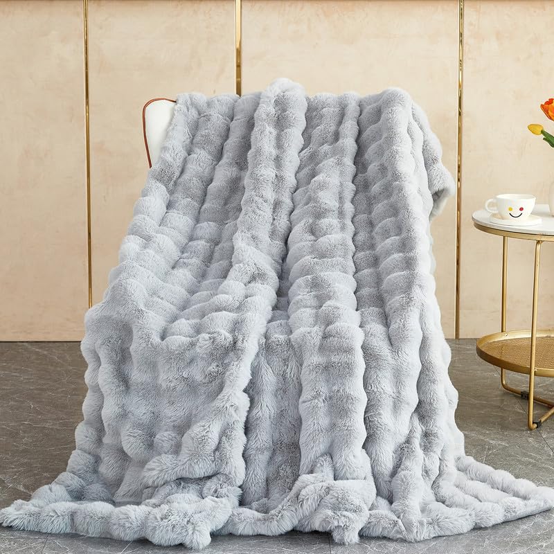 Mingfuxin Luxury Faux Rabbit Fur Throw Blanket, Warm Soft Cozy Plush Fleece Blankets Fluffy Thick Double Layer 1200 GSM Blankets Bed Throws for Living Room Bedroom Sofa Couch Bed