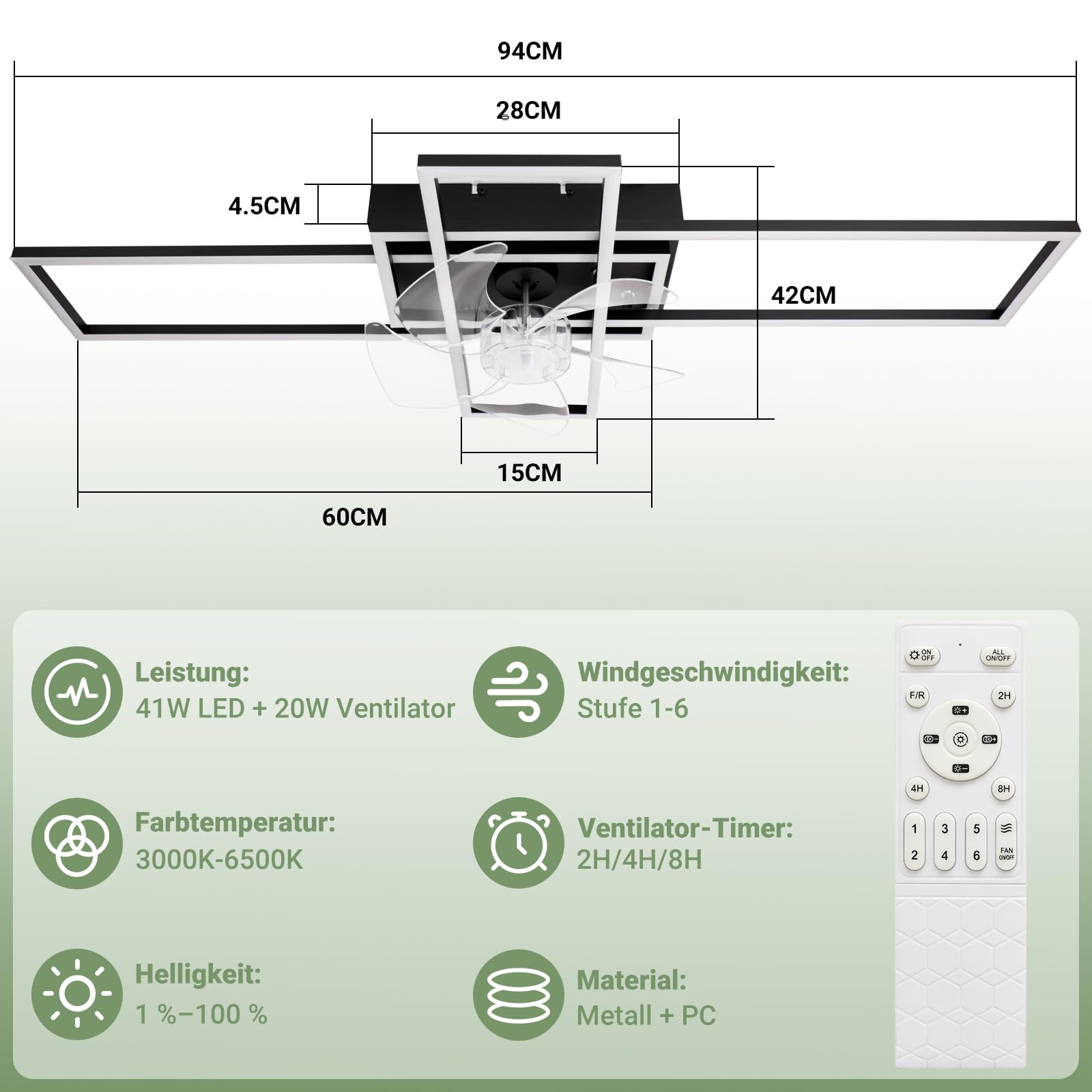 Deckenventilator mit Beleuchtung Deckenleuchte LED Deckenlampe | Schwarz 41W Dimmbar Ventilator Leise mit Light 6 Geschwindigkeiten Wohnzimmerlampe Groß Rechteckig für Schlafzimmer Küche
