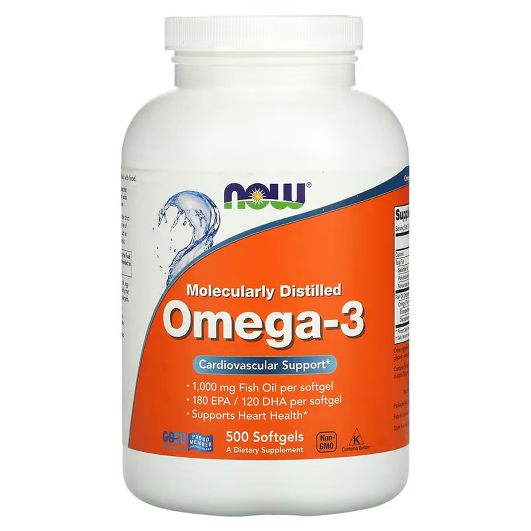 Now Supplements, Omega-3 180 Epa / 120 Dha, Molecularly Distilled, Cardiovascular Support*, 500 Softgels 500 Count (Pack of 1)