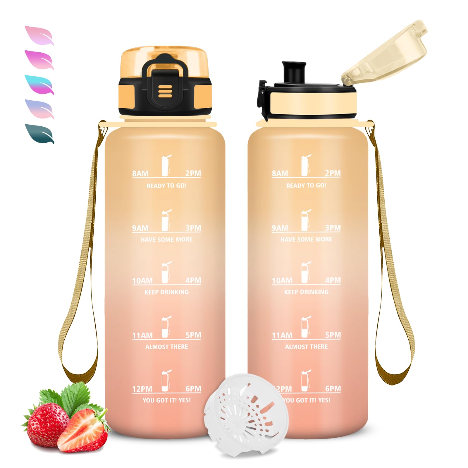 Drinkfles, 1.5 liter, fitness-drinkfles, lekvrij, motiverende waterfles, gemakkelijk te reinigen, sportfles, gegradueerde waterfles, met filter, drinkflessen voor camping, fitness, yoga