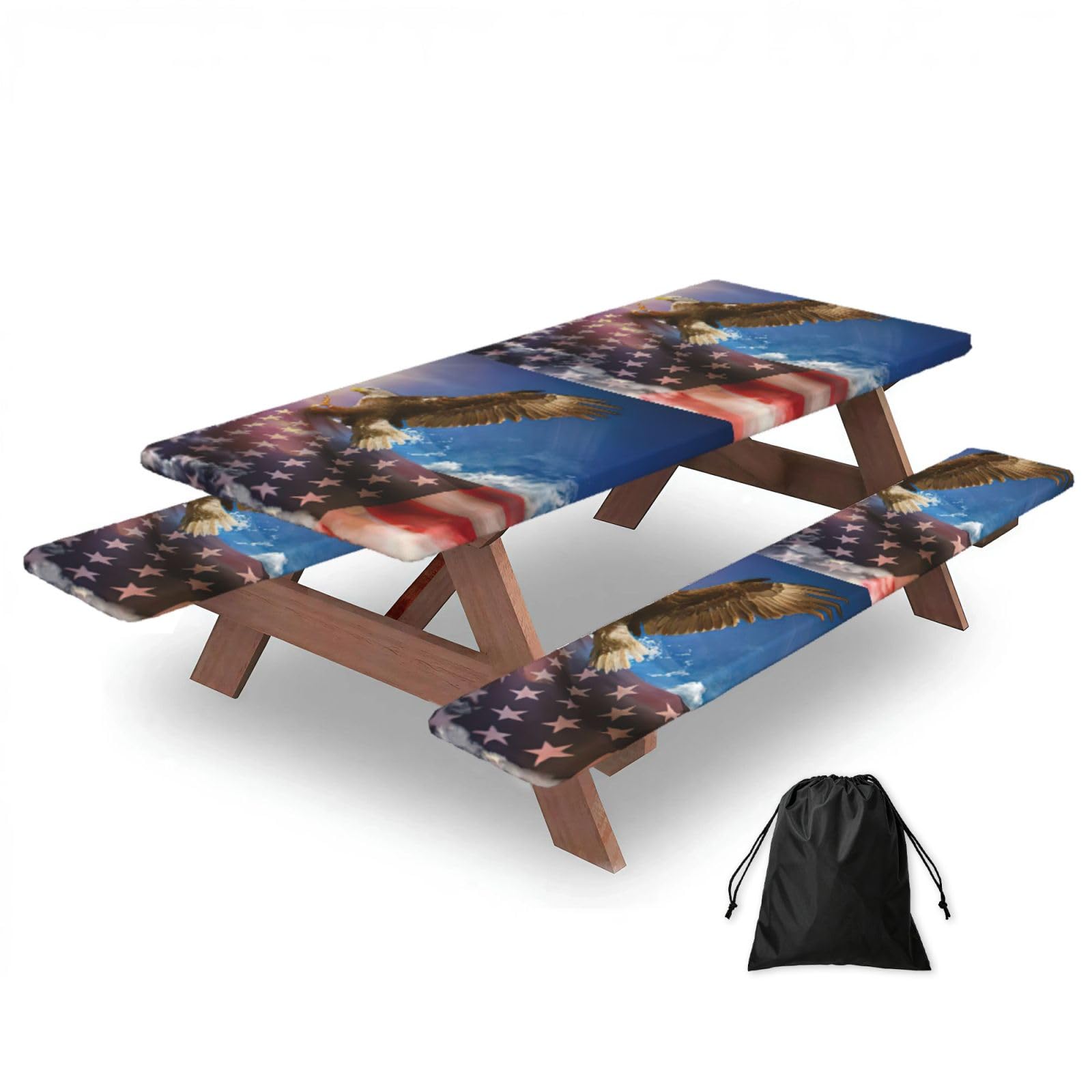 Yqxwjl Black American Usa Flag Eagle Art Print Camping Essentials Waterproof Camping Table And Bench Cover With Drawstring Bag 183 Cm