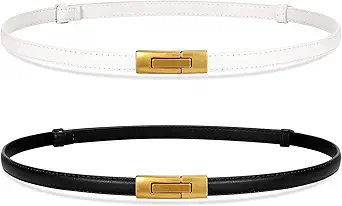 SANSTHS 2 Pack Thin Ladies Waist Belt for Dresses Jeans Pants, Skinny Womens Belt with Antique Gold Buckle