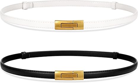 SANSTHS 2 Pack Thin Ladies Waist Belt for Dresses Jeans Pants, Skinny Womens Belt with Antique Gold Buckle