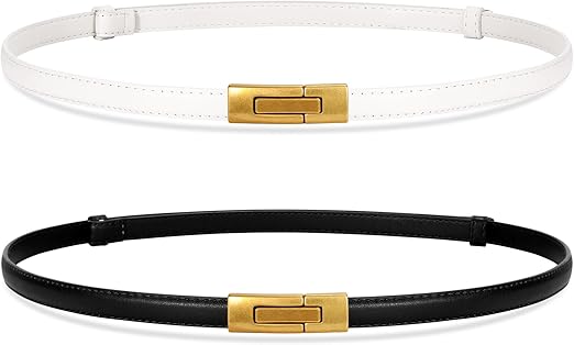 SANSTHS 2 Pack Thin Ladies Waist Belt for Dresses Jeans Pants, Skinny Womens Belt with Antique Gold Buckle