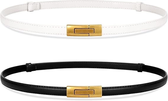 SANSTHS 2 Pack Thin Ladies Waist Belt for Dresses Jeans Pants, Skinny Womens Belt with Antique Gold Buckle