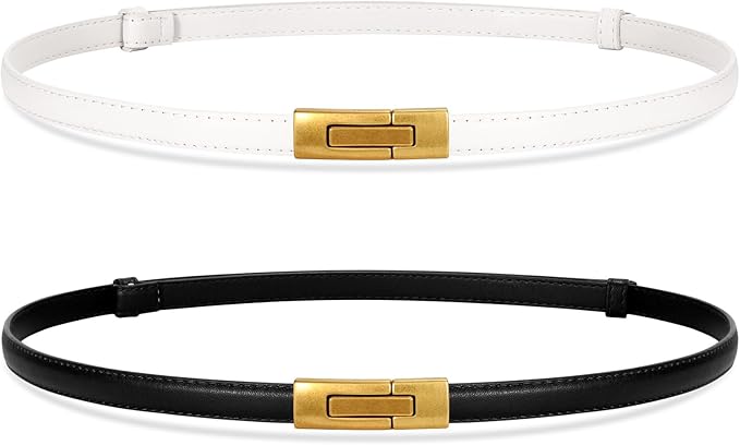 SANSTHS 2 Pack Thin Ladies Waist Belt for Dresses Jeans Pants, Skinny Womens Belt with Antique Gold Buckle