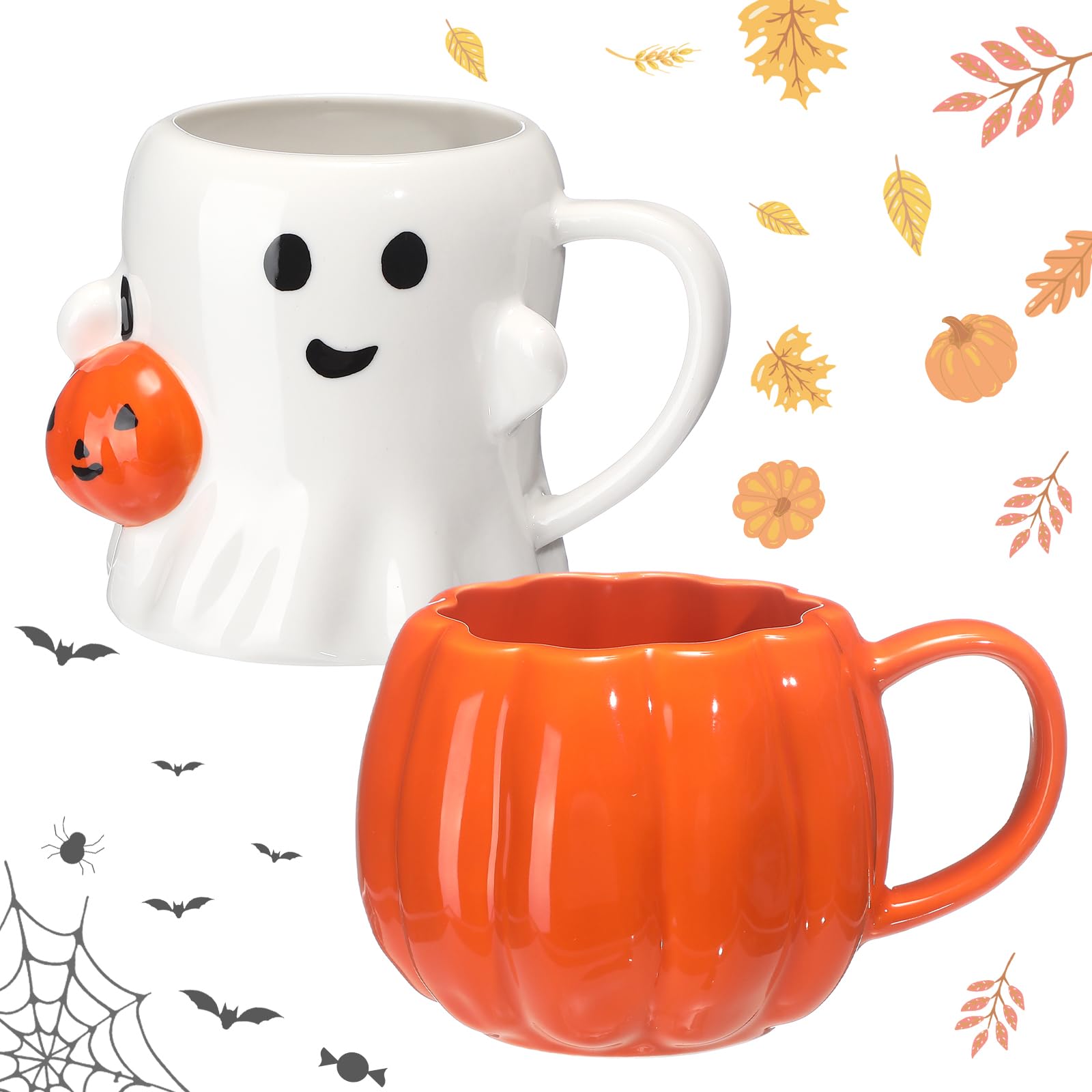 2 Pcs 14 oz Halloween Ceramic Mugs, 3D Ghost Pumpkin