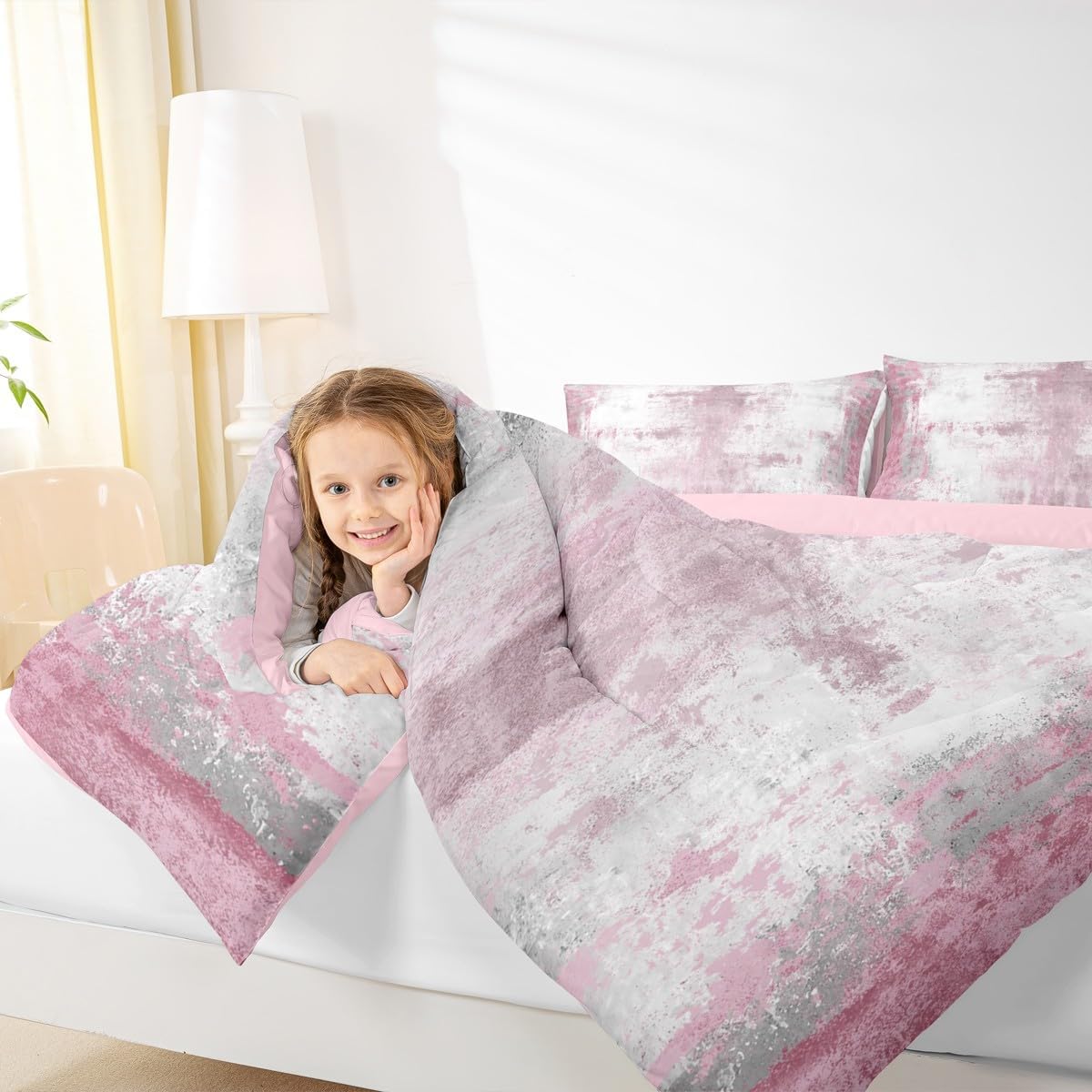 Erosebridal Girls Oil Painting Comforter Set Toddler Grunge Drawing Bedding Set for Kids Retro Ombre Room Decor Tie-Dye Oil Abstract Light Pink White Comforter Soft Comfy Duvet Quilt