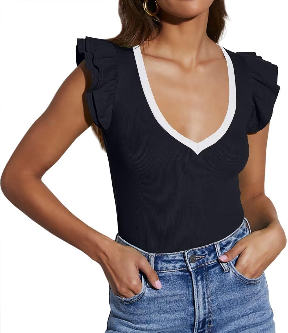 Ezbelle Women's Summer Sleeveless Tops V Neck Ruffle Shirts Knit Ribbed Tank Top Sexy Blouse - Image 3