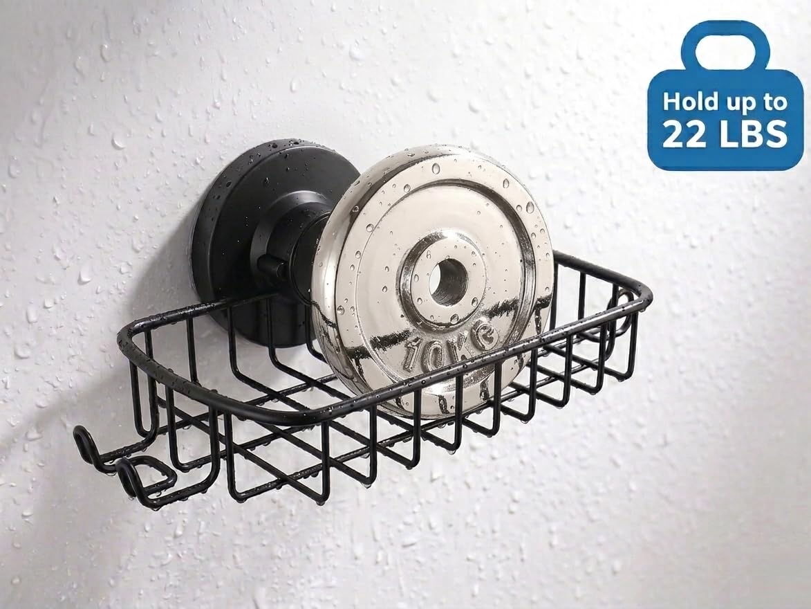 Jabonera para ducha, potente sistema de vacío, cesta de acero inoxidable 304 con ganchos de afeitar, soporte para jabón de baño o cocina (negro)