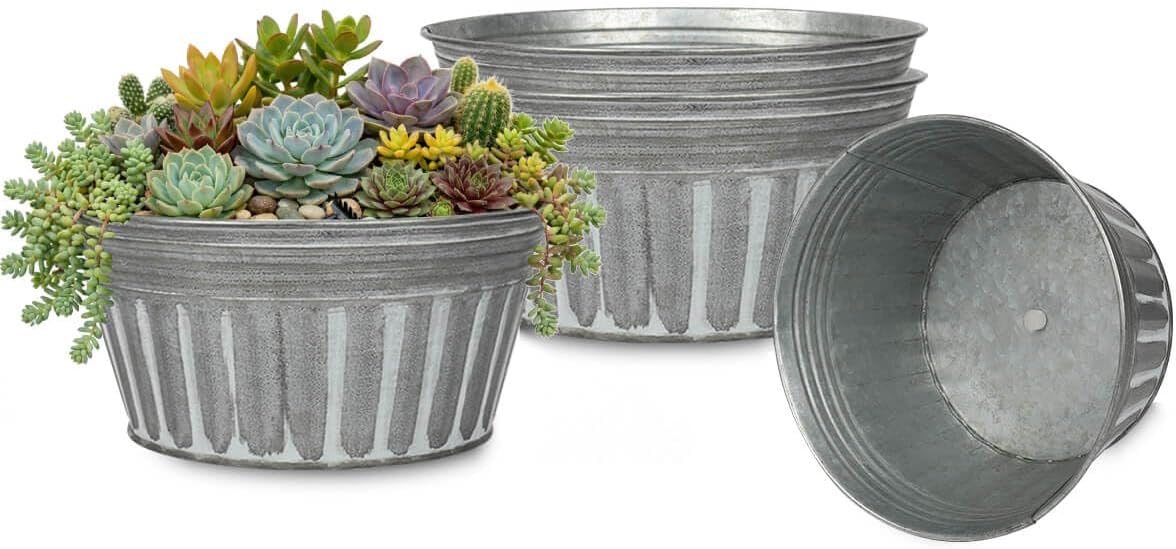 vensovo 10 Inches Silver Metal Rustic Plant Pots - 4 Pcs Large Shallow Galvanized Planters with Drain Hole and Rubber Plug, Rustproof Tin Bucket Succulent Pot Indoor Farmhouse Vintage Style for Decor