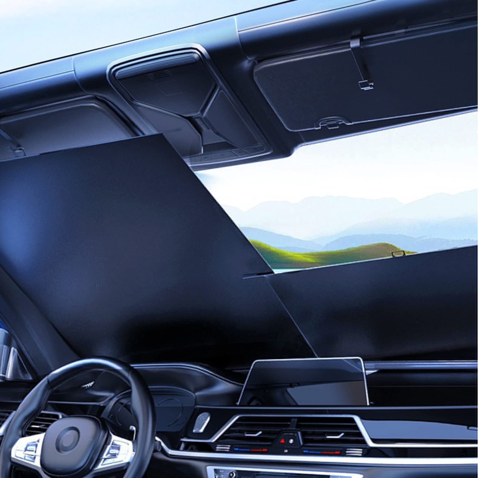 Photo 1 of UVANTI Car Windshield Sun Shade Retractable Windshield Sunshade Car Sun Visor for UV Rays Keep Your Vehicle Cool - Car Interior Accessories for Sun Heat?Adjustable Width 28 - 55 inches?