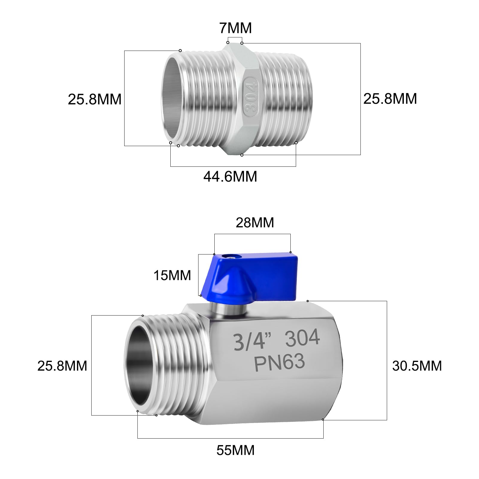 2 Stück 3/4" BSP Innengewinde x 3/4" BSP Außengewinde Hochleistungskugelhahn aus Edelstahl 304 mit 2 Stück 3/4" SUS 304 Hex-Nippel-Anschluss