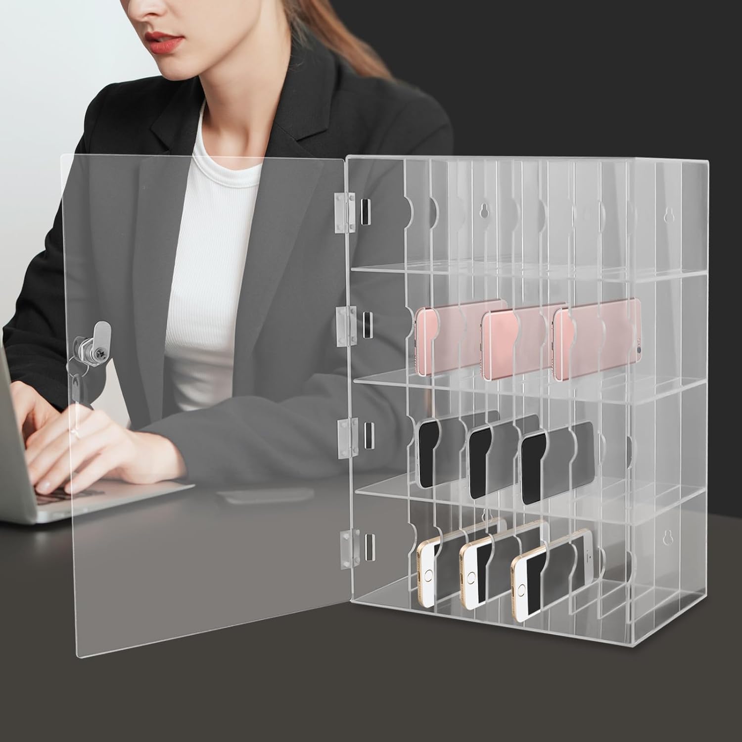 40 Slots Cell Phone Locker, Clear Storage Cabinet for Pocket Chart Cell Phone with Lock Desktop or Wall Mounted Phone Lock Box for School Classroom Office Exam (4 Slots)