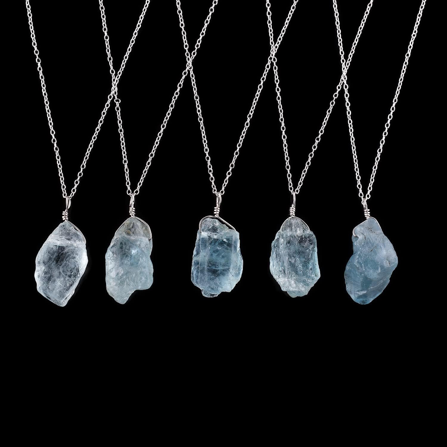 OdrillionGems Natural Raw Aquamarine Pendant Necklace, 925 Sterling Silver, March Birthstone, Rough Healing Crystals, Rhodium Plated, Women Jewelry, Christmas Gifts, Size 18" Inch - Image 4