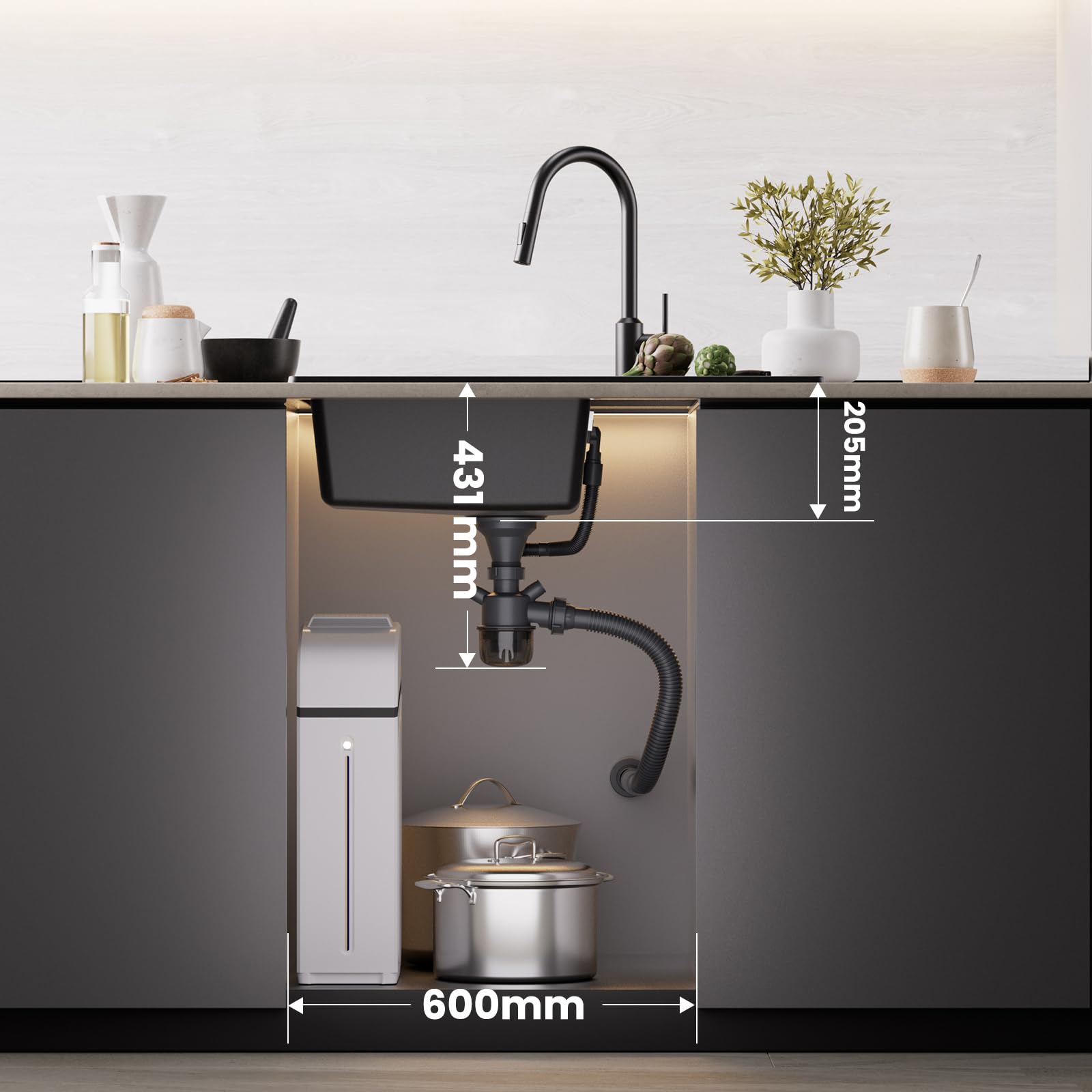CECIPA 78 x 45 cm Lavello Cucina con Arco Rubinetto Estraibile, Lavello Nero con Gocciolatoio in Granito, Lavandino Cucina Nero per Mobile di lunghezza 60cm con Troppopieno e Sifone