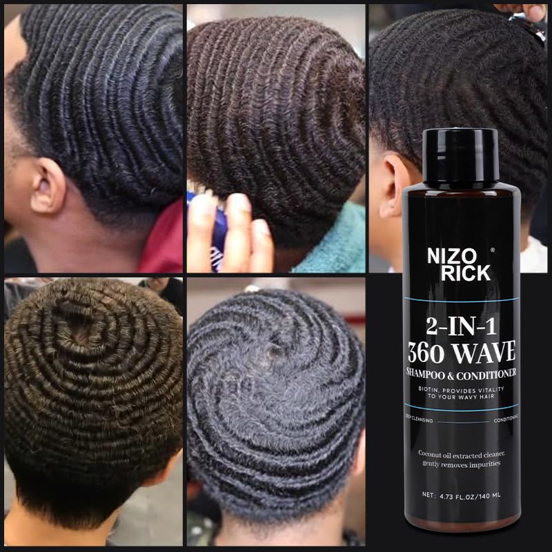 2-in-1 360 Wave Shampoo & Conditioner for Black Men – Biotin, Coconut Oil & Castor Oil – Deep Cleansing, Nourishing & Wave Defining – Improves Dryness & Frizz – 140ml/4.73fl.oz