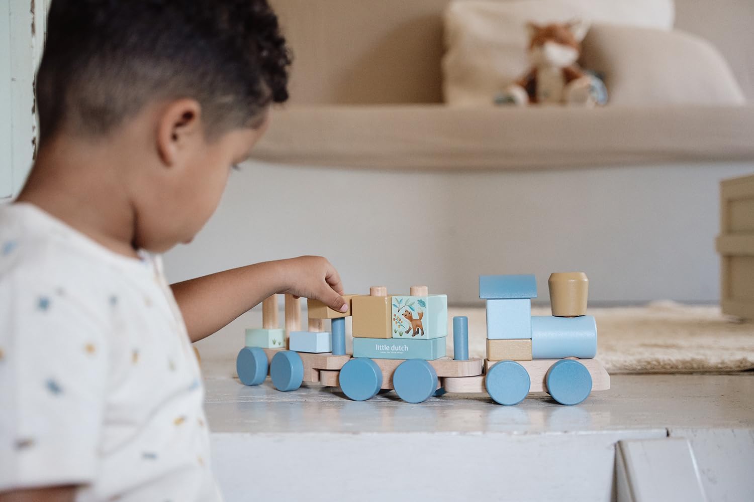 Little Dutch 7254 FSC Wooden Railway Train with Plug-In Shapes - Forest Friends Blue