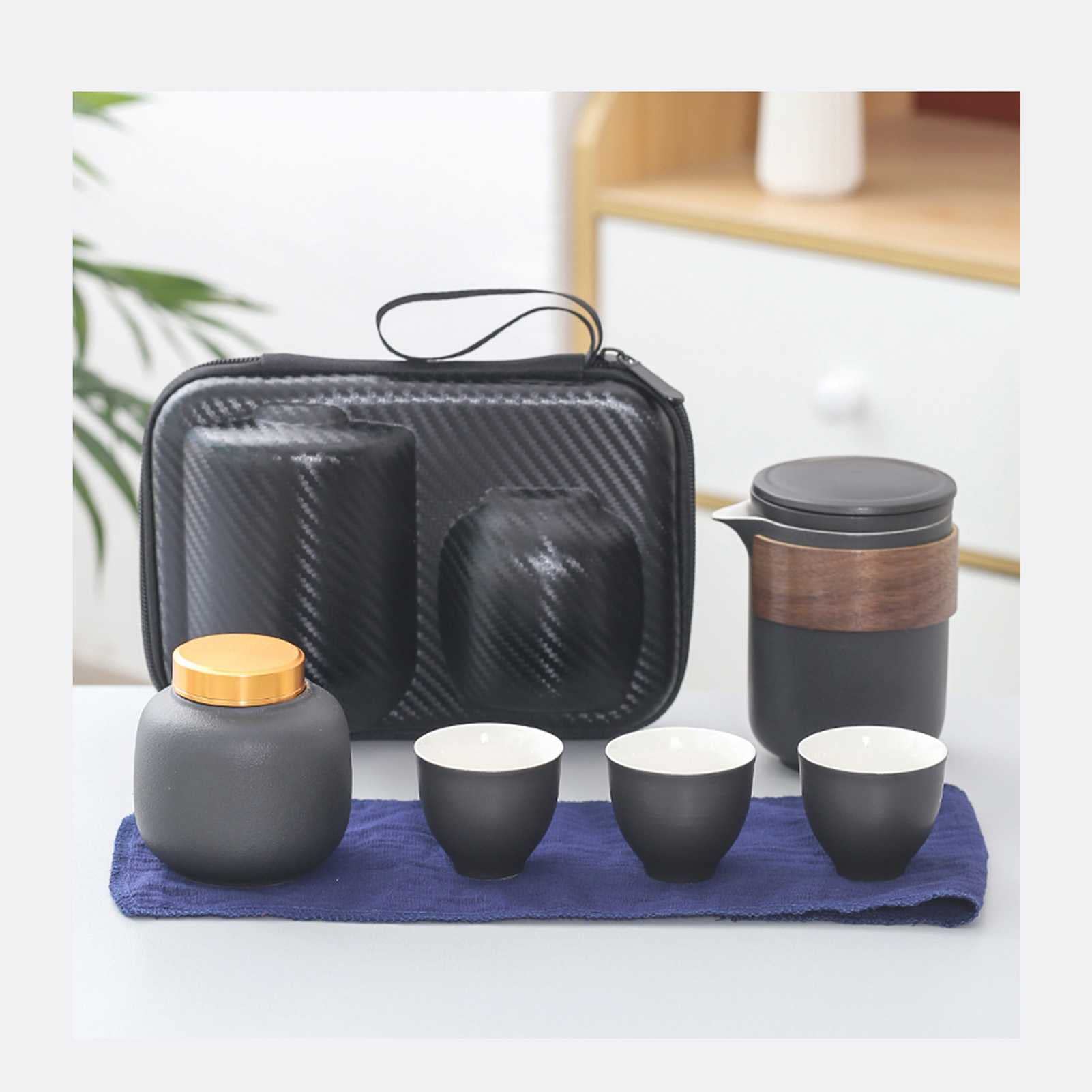 Wygodny podróżny herbata kawa chińska herbata gongfu ceramiczny zestaw do herbaty filiżanka do herbaty puszki na herbatę zestaw kubków projekt prezent niebieski czerwony (czarny 9 * 11 cm)