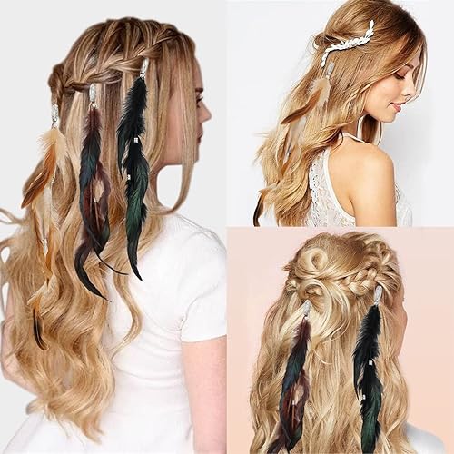 Miniatura 7 de Pinzas para el pelo de plumas, extensiones hippie hechas a mano con peine de clip, tocado de cuentas trenzadas tribales - 6 unidades