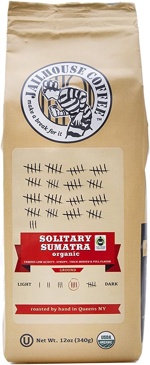 Jailhouse Coffee - Sumatra Breakout Blend, Premium Medium Roast (12 oz.) - Smooth Notes of Syrupy, Earthy Richness - Organic, Non-GMO, Kosher - Percolator, Drip, French-press, or Cold Brew (Ground)