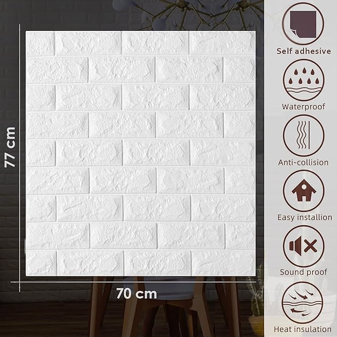 Image of CVD 3D PE Foam Self-Adhesive Wall Stickers | White Wallpaper for Home, Hotel, Living Room, Bedroom & Cafe | DIY Decorative Panel (70 x 77 cm, Approx. 5.8 Sq. Feet, 1 Piece)