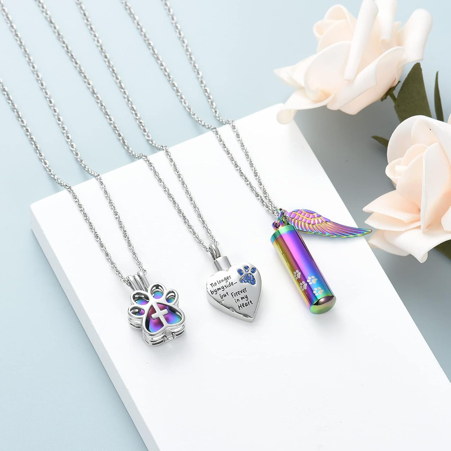 shajwo 3 Pack Pet Cremation Jewelry Urn Necklace for Ashes for Women Men Paw Print Heart Cylinder Urn Memorial Keepsake Ashes Necklace for Loved One