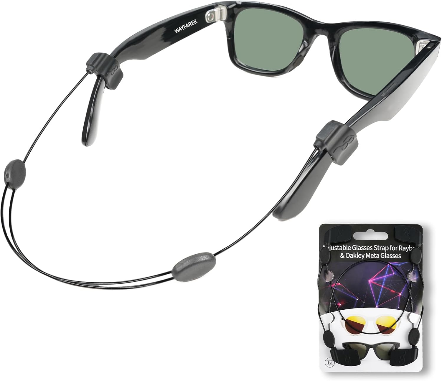 sarlar Smart Glasses Strap Sports 2 pcs for Rayban Meta Oakley Wayfarer Skyler Headliner Glasses, Adjustable AR/XR Eyewear Retainer Strap Holder for Kids Women Men, Lanyard String Chain Around Neck