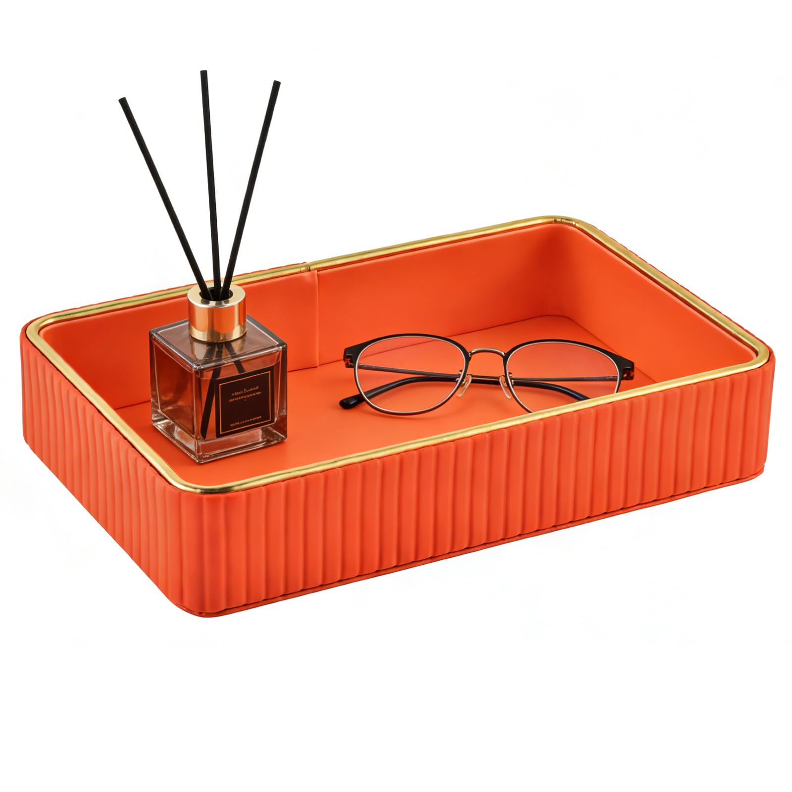 XNONE PU Leather Valet Tray,Desk Organizer Tray Nightstand Organizer Trinket Dish Storage Key Bowl Decorative Trays for Phone,Wallet,Jewelry,Watch,Perfume Bathroom Bedroom Accessories (Orange)