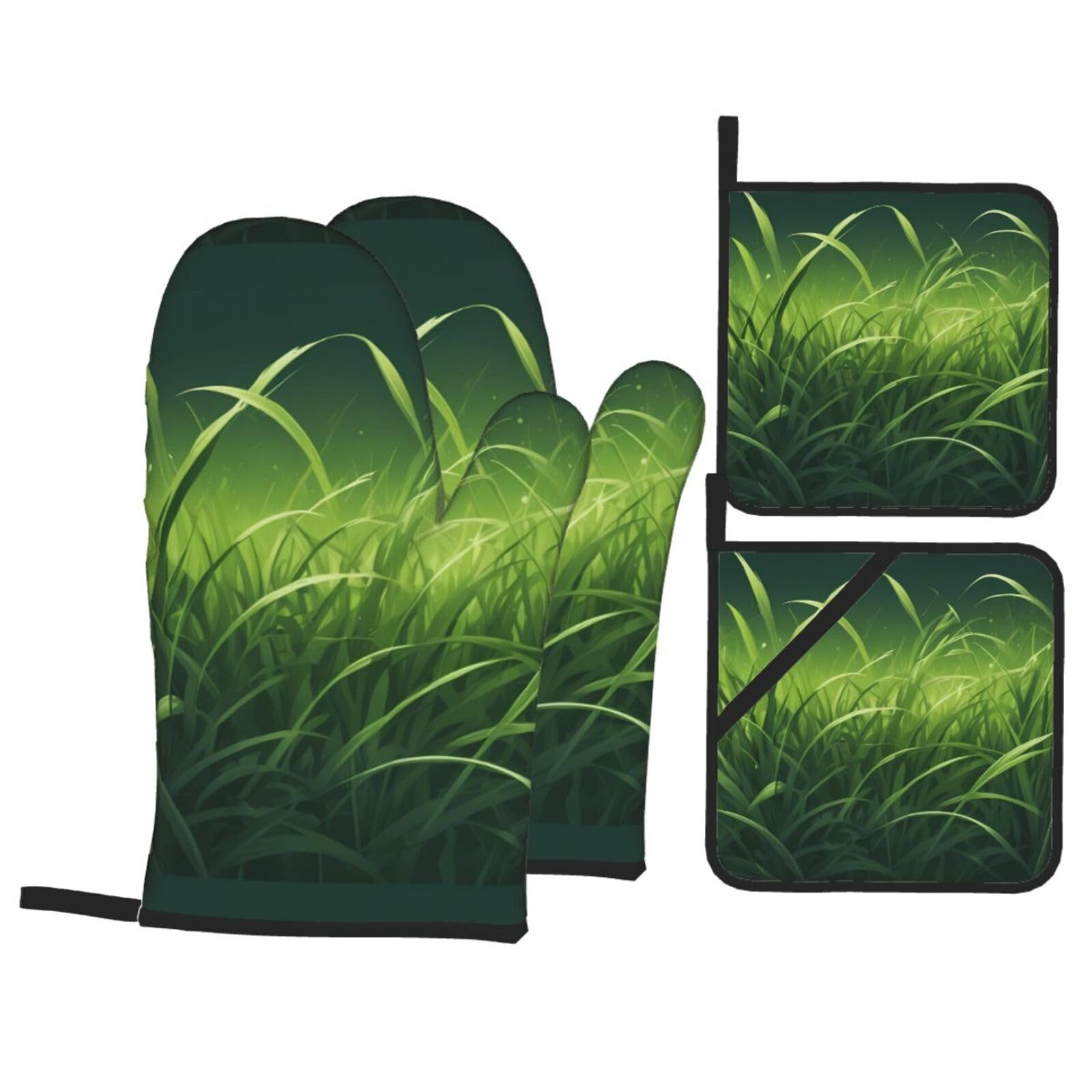 HJFCZH Lucky Green Grass Picture Kitchen Baking Set of 4 Thick Insulated Oven Mitt & Pot Holders, Anti-Scalding for Microwave, Oven, Outdoor BBQ