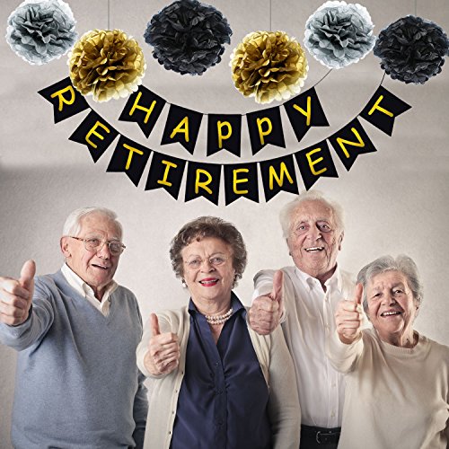 34 Pieces Retirement Celebration Banner Bunting Retired Sash Paper Pom Poms Foil Ideal Latex Balloons for Retirement Party Supplies Favors Gifts Decorations