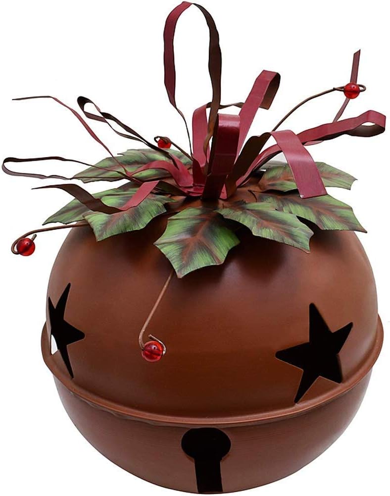 Rustic Hanging Jingle Bell Decoration 12" H, Cut-Out Star Metal Christmas Ornament, Ribbon Festive Tabletop Decoration (Large)