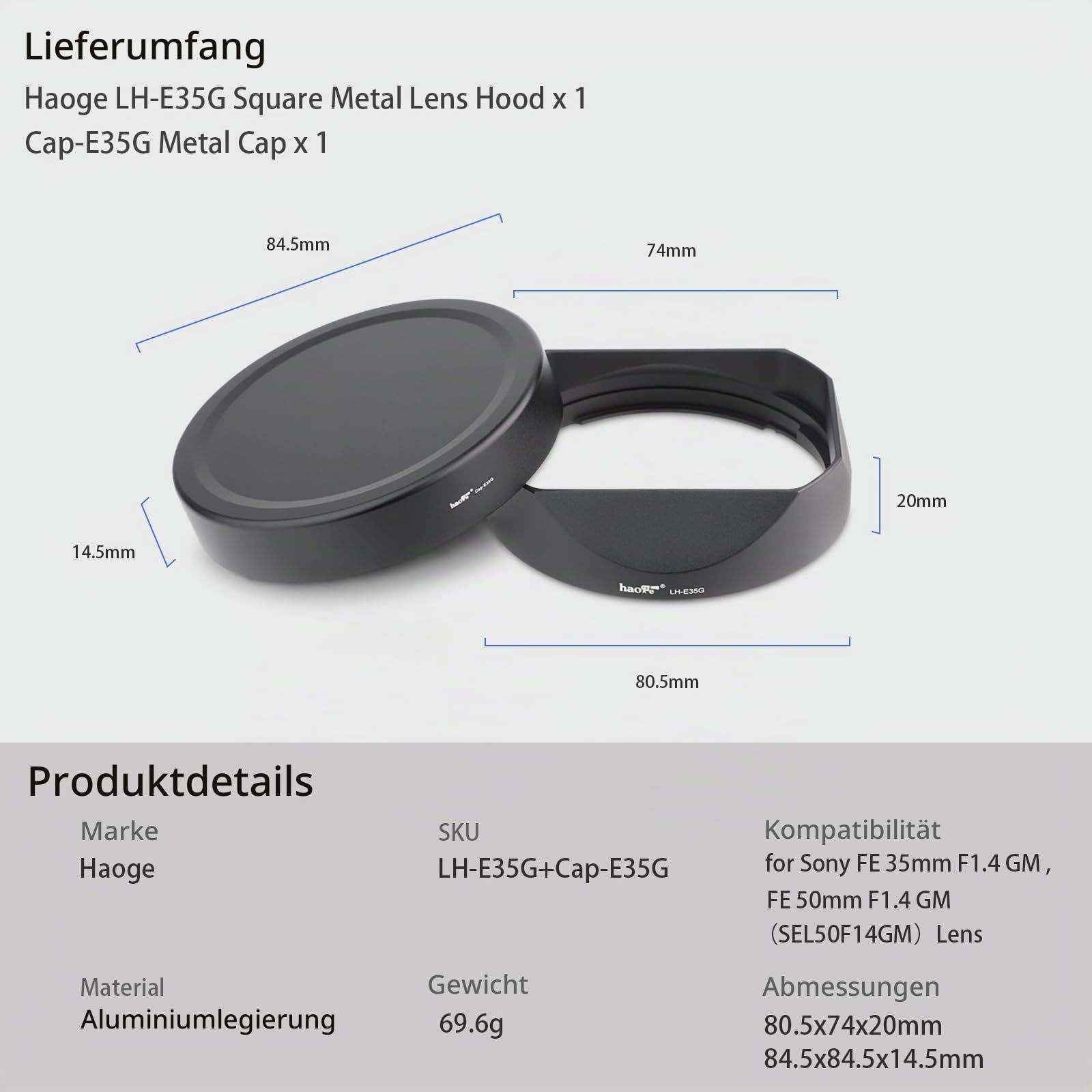 Haoge Gegenlichtblende Bajonett Metall eckig für Sony FE 35mm F1.4 GM, FE 50mm F1.4 GM(mit Metall-Frontkappe), ersetzt Sony FE35mm F1.4 GM Hood ALC-SH164