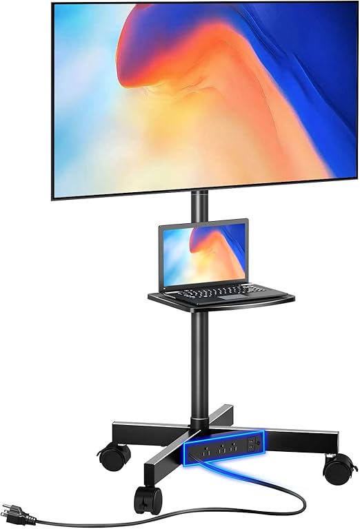 GREENSTELL TV Stand with Power Outlet, Mobile TV Cart on Wheels for 23-60 inch LED LCD Flat Curved Panel Screen TVs, up to 88 lbs, Height Adjustable Rolling TV Stand with AV Shelf, Max VESA 400x400mm