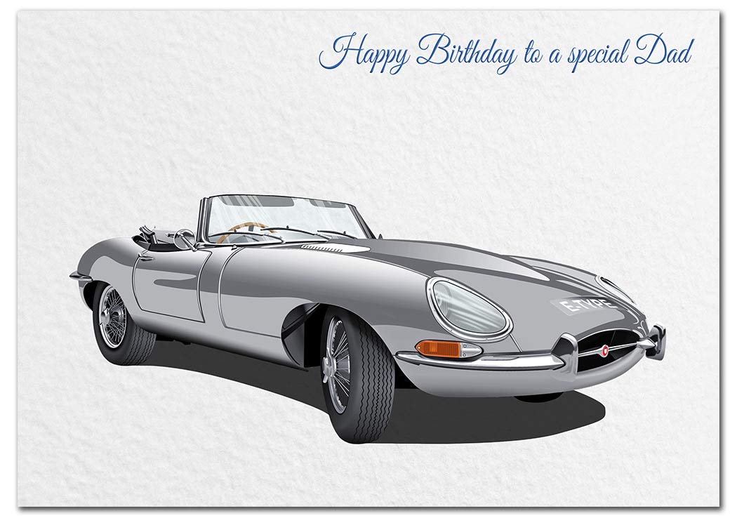 Extra Large Dad Birthday Card - XL Big thick A4 size - Special Traditional Bday Greeting Men Him - Unusual Cool Classic E-Type Jag Car Driver Art - Huge Happy Wishes - UK Eco-Friendly — image 1