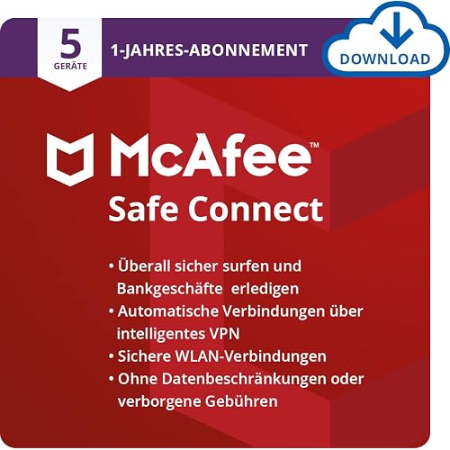 McAfee | SafeConnect 2021 - VPN | 5 Gerät | 1 Benutzer | 12 Monate | PC/Mac | Aktivierungscode per Email
