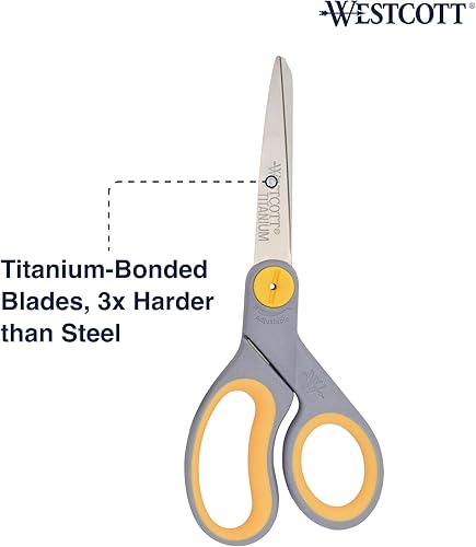 Miniatura 3 de Westcott Tijeras de titanio de 8 pulgadas con función de deslizamiento ajustable para oficina y hogar - grisamarillo