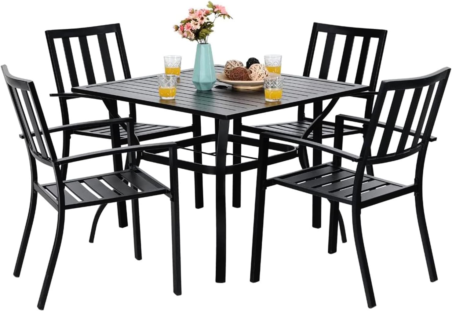 PHI VILLA 5 Pieces Outdoor Metal Dining Set for 4, 37" Square Table & Stackable Wrought Iron Chairs, Dining Furniture for Patio, Deck, Yard, Porch