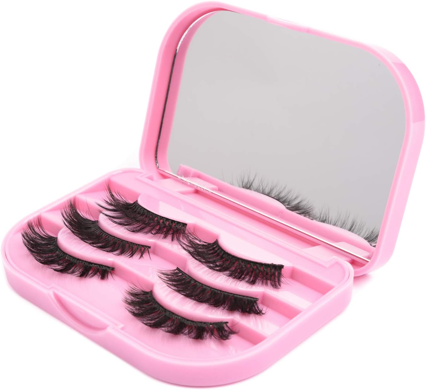 Allwon False Eyelash Case Three Tier Empty Eyelashes Box with Makeup Mirror Eyelash Packing Travel Storage Case (Pink)
