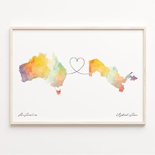 Watercolor map print from Australia to Uzbekistan wall art, travel poster, vibrant world map design for home décor, gift for travelers and long-distance couples