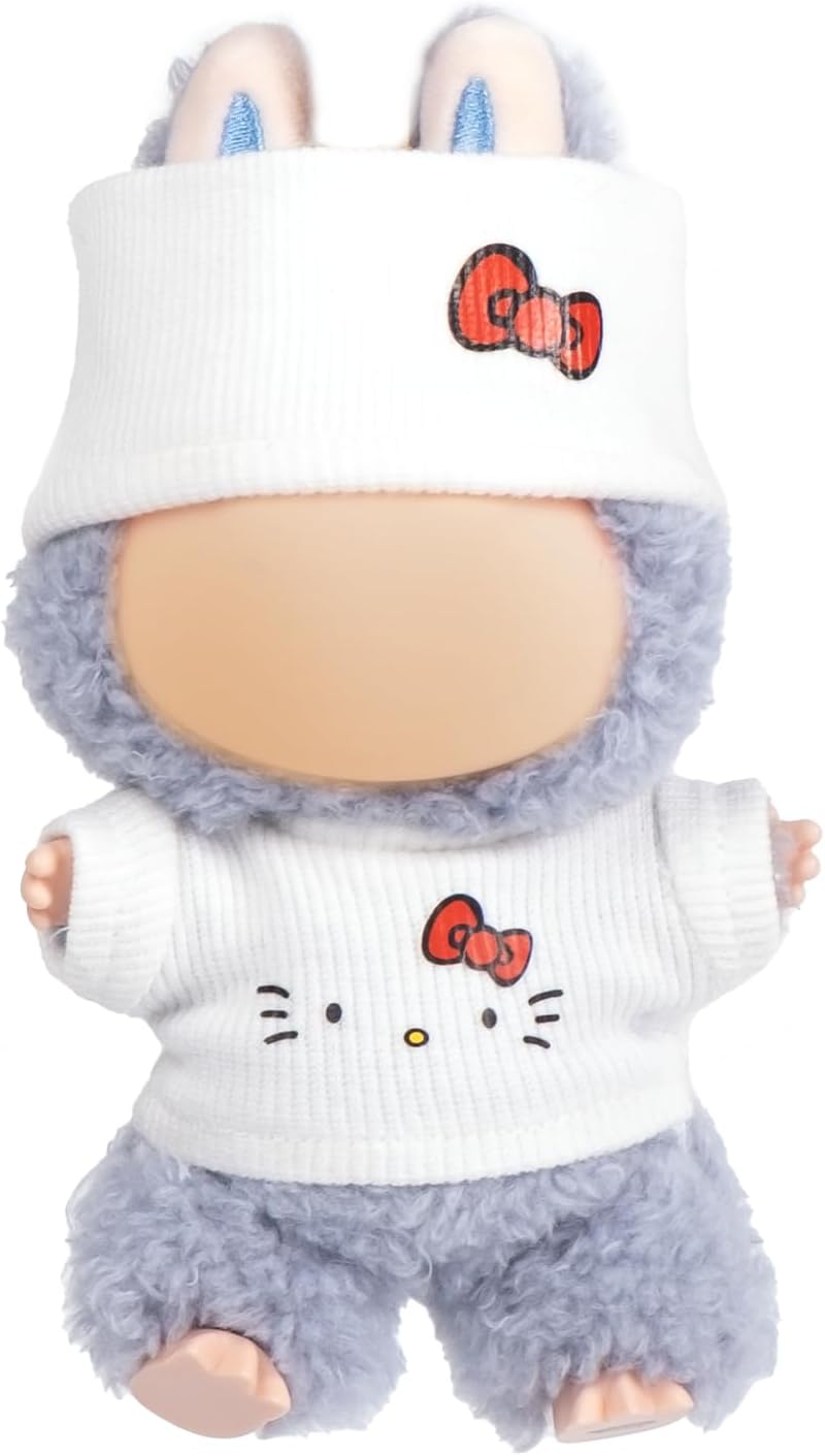 2 Piece Handcrafted Crochet Doll Clothes for Labubu (No Doll), Cute Premium Outfit Set Accessories with Hand Crocheted Hat, White Kitty Sweaters(Knitted)