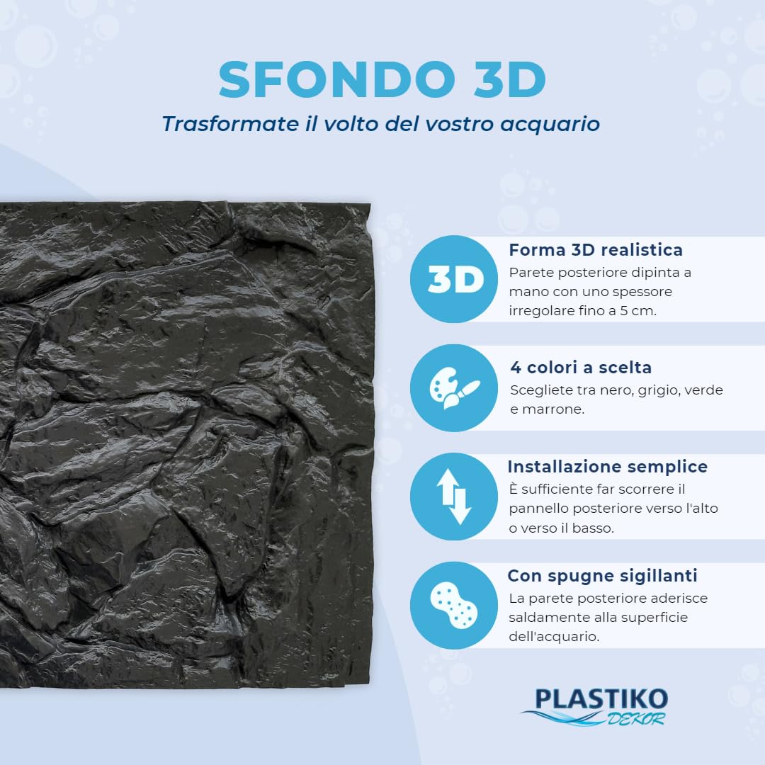 PLASTIKO - Acquario Sfondo 3D I 60x30 cm I Facile da Montare e Pulire I Non Richiede Colla I Sicuro per Gli Animali I Grigio con Un Modello di Pietre Basse