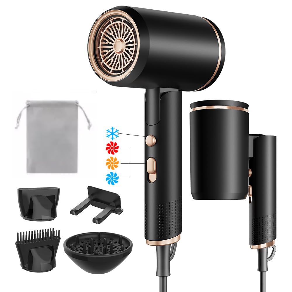Föhn AC Motor 2400W Klappbar Ionen Haartrockner,Profi Fön Reisefön mit Heiß-/Kalttaste, 3 Heiz, Schnelltrocknen Hair Dryer,Salon Haarföhn mit Diffusor & Aufbewahrungstasche (Schwarz)