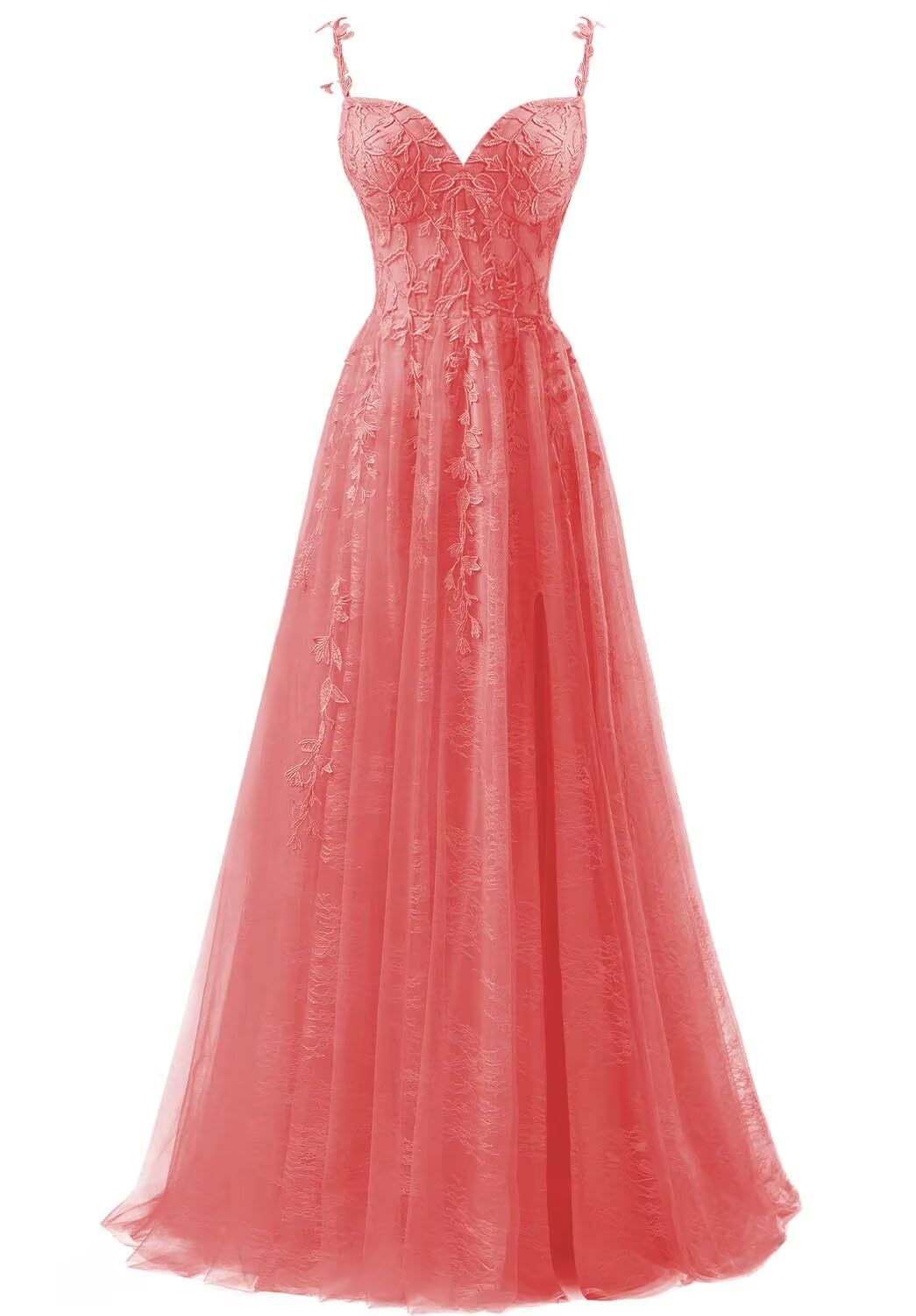 Hppee Women's Coral Lace Applique Tulle Prom Dresses For With Slit Sleeveless Corset Formal Dress Evening Gown Uk16