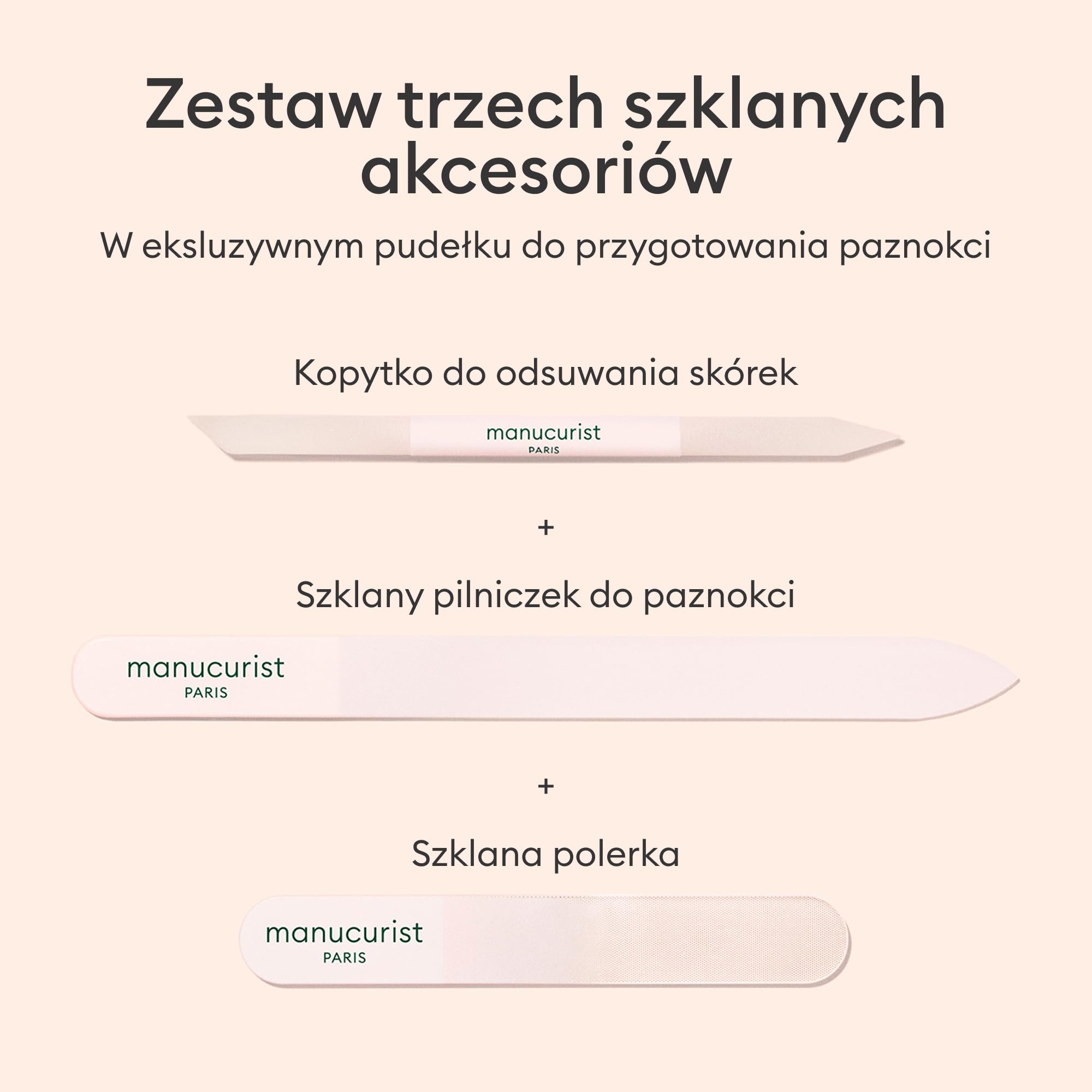 Manucurist Trio Akcesoria – Ekskluzywny zestaw w tubie ze szklaną pilniczką do paznokci, polerką i kopytkiem do skórek – Akcesoria do pielęgnacji paznokci