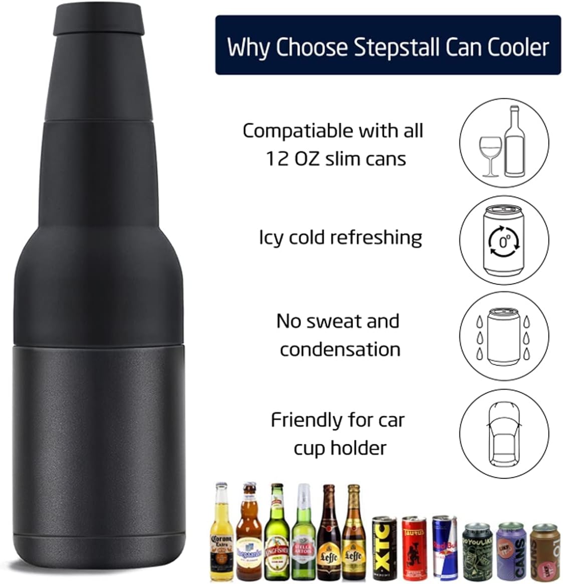 Stepstall Beer Gifts for Men, Beer Bottle and Can Cooler with Beer Opener, 12 oz. Slim Can Beer Bottle Insulators Holder, Vacuum Insulated Double Walled Stainless Steel(Matte Black) - Image 3