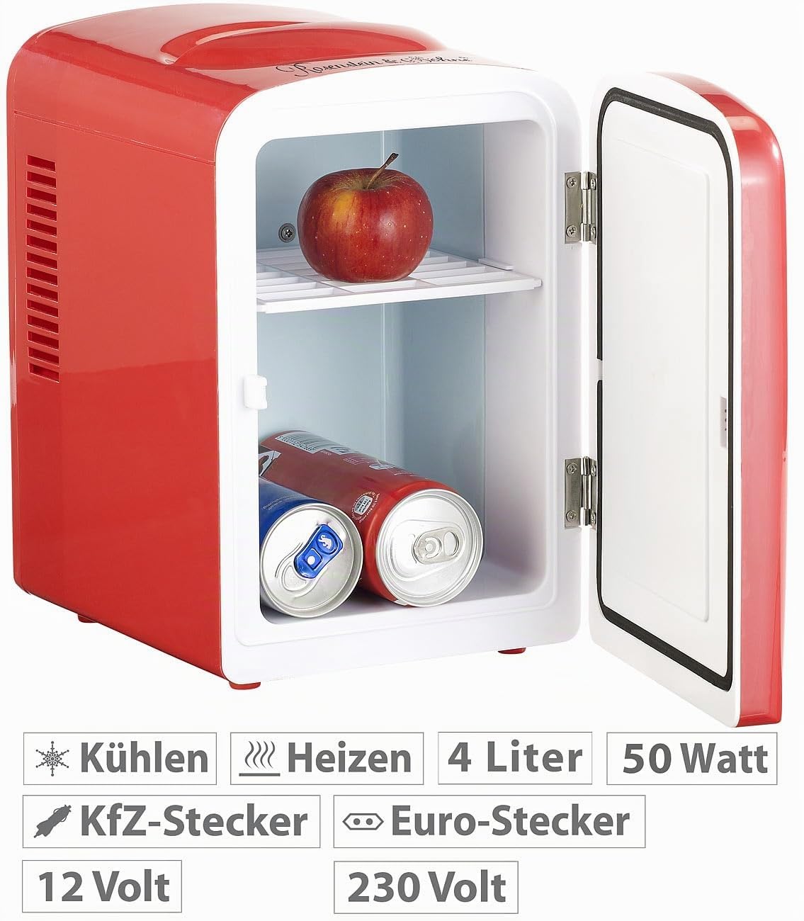 Rosenstein & Söhne Kleiner Kühlschrank: Mini-Kühlschrank mit Warmhalte-Funktion, 4 Liter, für 12/230 Volt, rot (Mini für Dosen, Kfz, Ganz)