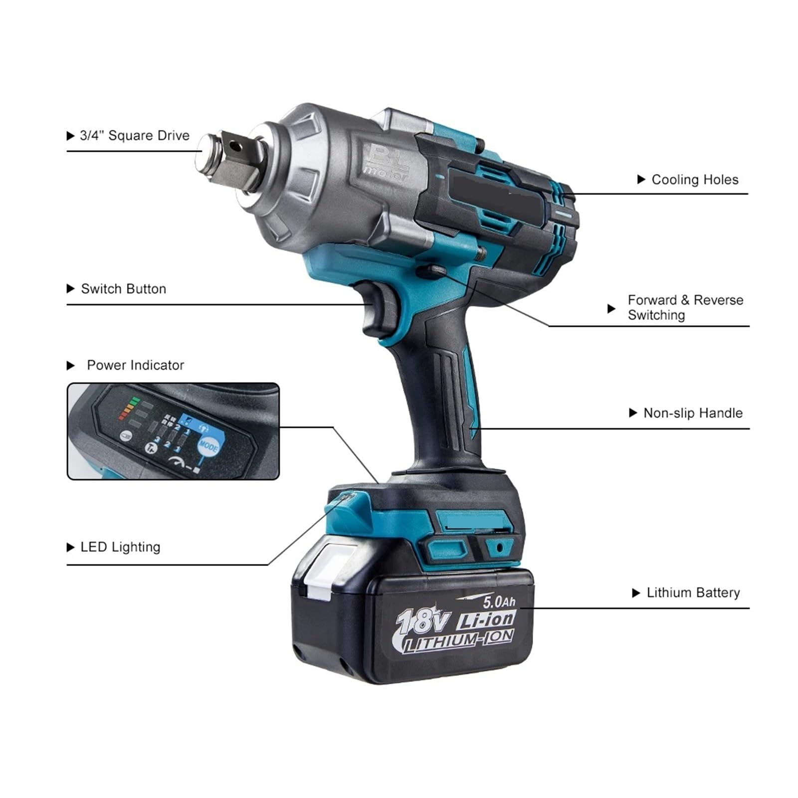 Llave de Impacto Llave Eléctrica Sin Escobillas De 3100NM, Llave De Impacto Inalámbrica De 3/4 Pulgadas, Herramienta Eléctrica De Mano For Batería De 18v(2x9.0Ah 38mm Battery)