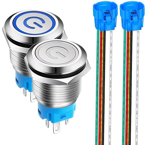 2 interruptores de botón de cierre de acero inoxidable de 0.75 pulgadas (0.748 in), 12 V-24 V, 5 A, símbolo de alimentación, LED, SPDT, encendido y